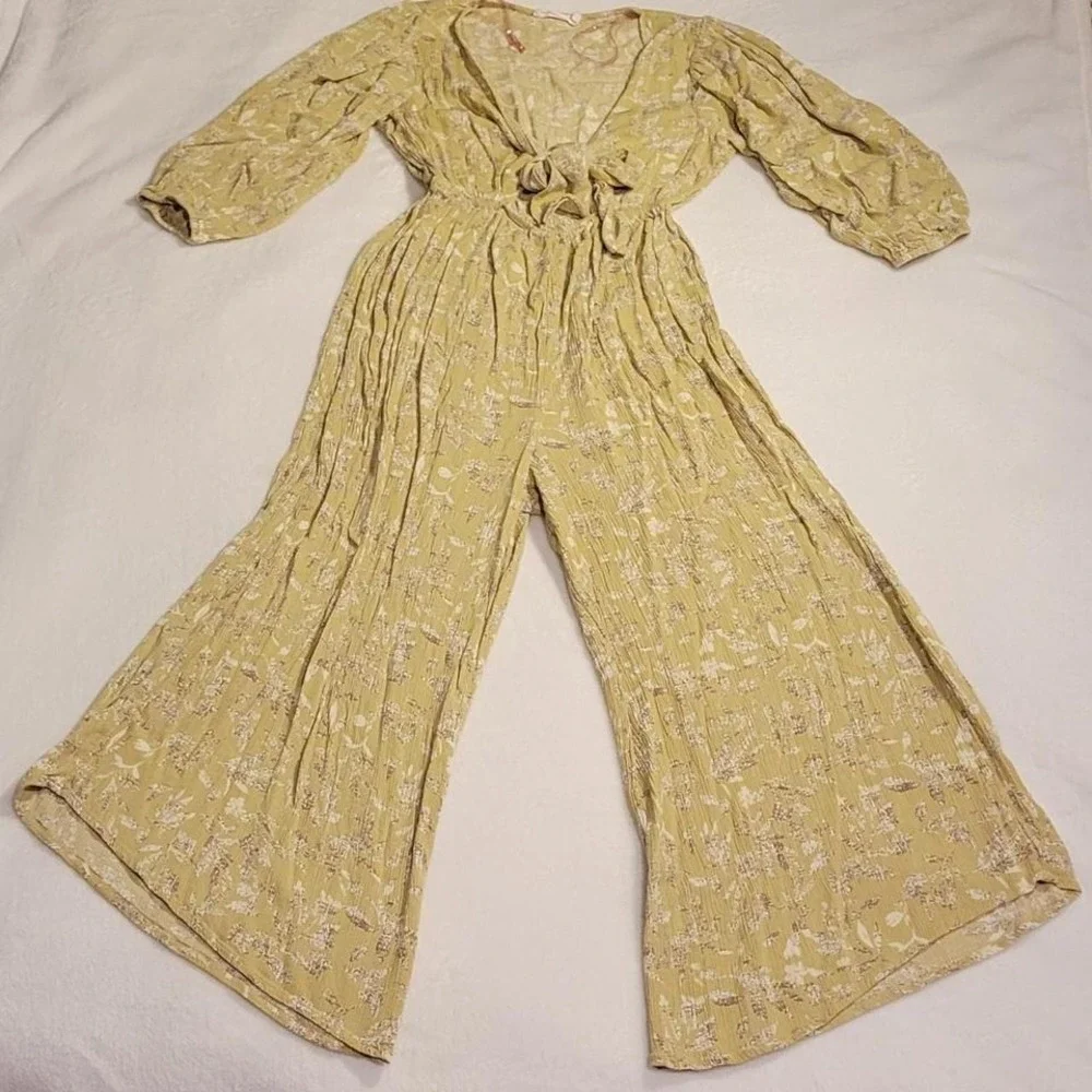 Lush Wide Leg Cropped‎ Balloon Sleeves Jumpsuit, Women's Size S, Green White